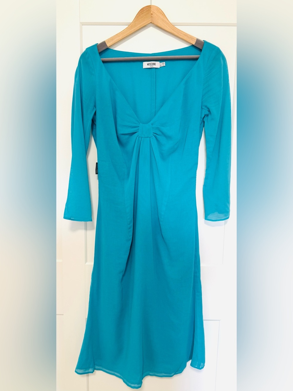Moschino Jeans Vintage Teal Long-Sleeve Bow Front Dress - Size: 42 (Italy)